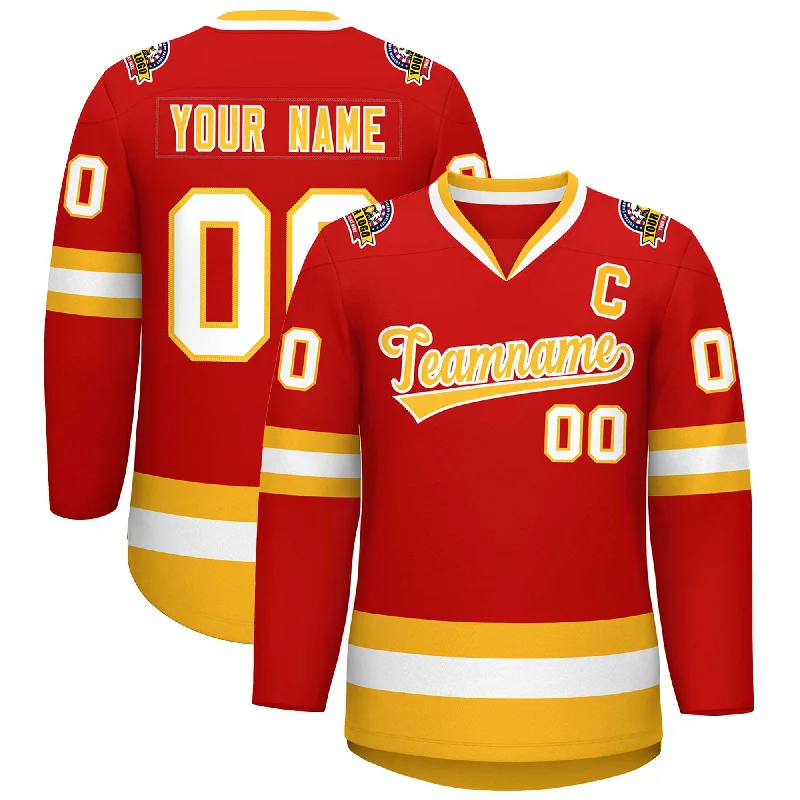 Custom Red Gold-White Classic Style Hockey Jersey