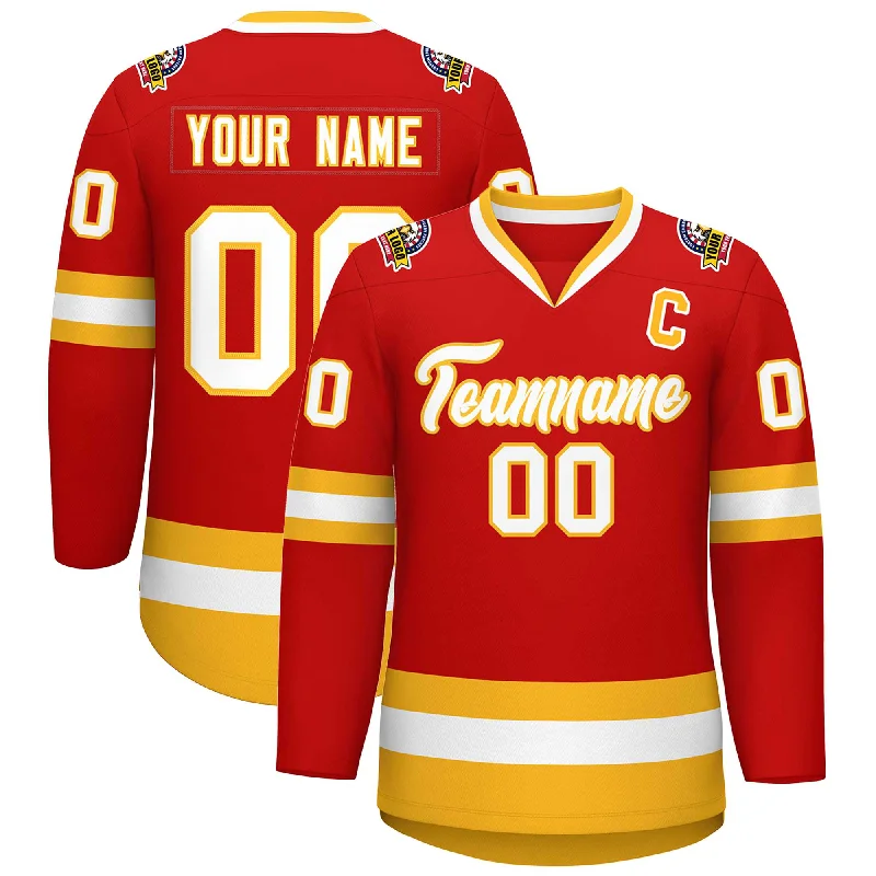 Custom Red White-Gold Classic Style Hockey Jersey