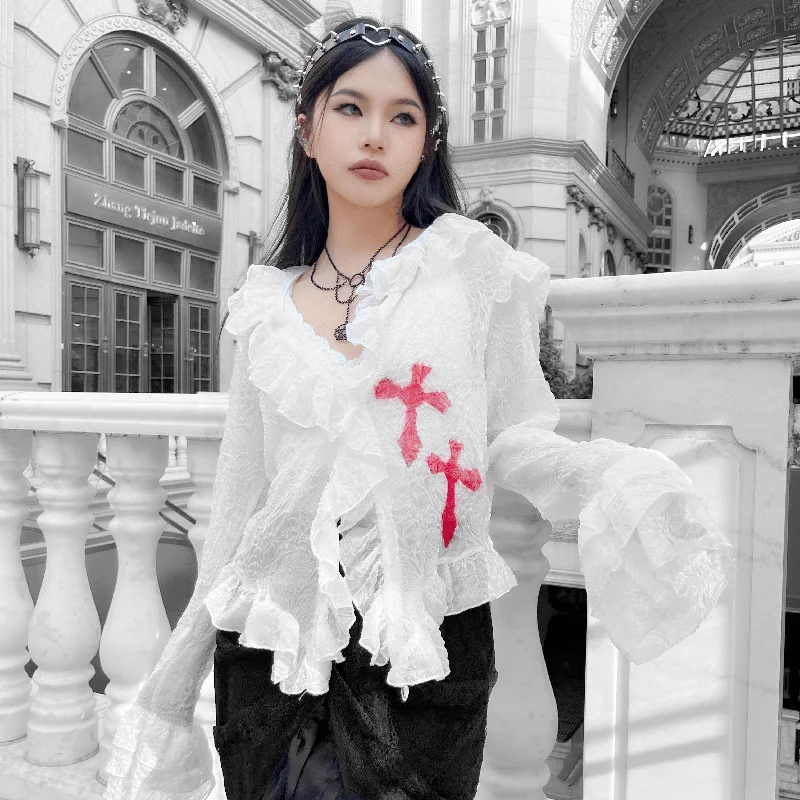 Women's Gothic Cross Printed Ruffled Sheer Shirt