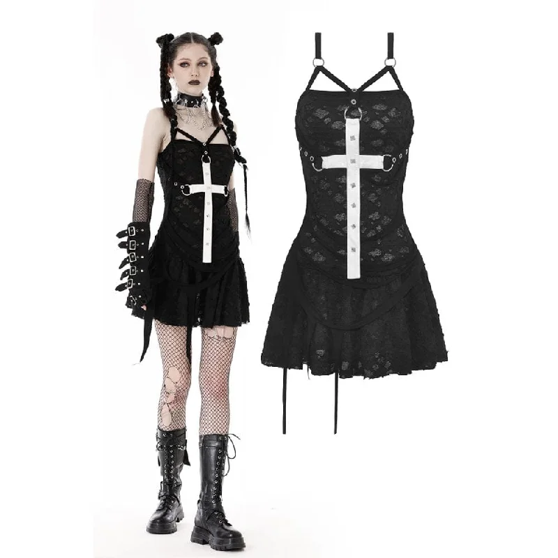 Women's Gothic Cross Strap Ripped Slip Dress