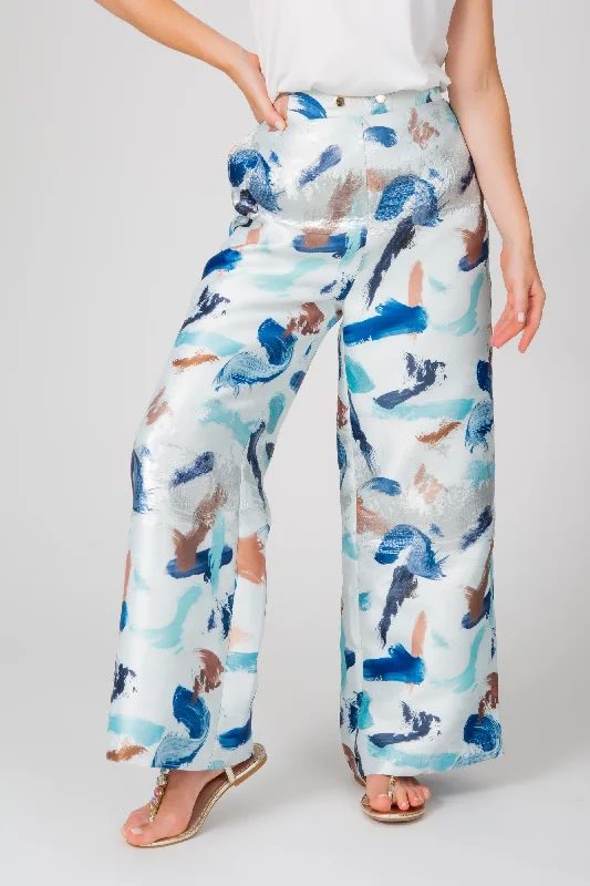 Artistic Brush Wide-Leg Trousers in Blue