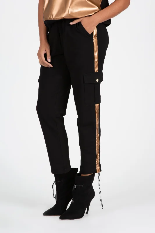 Knit Cargo Pant w Faux Leather Side Strip Black/Bronze