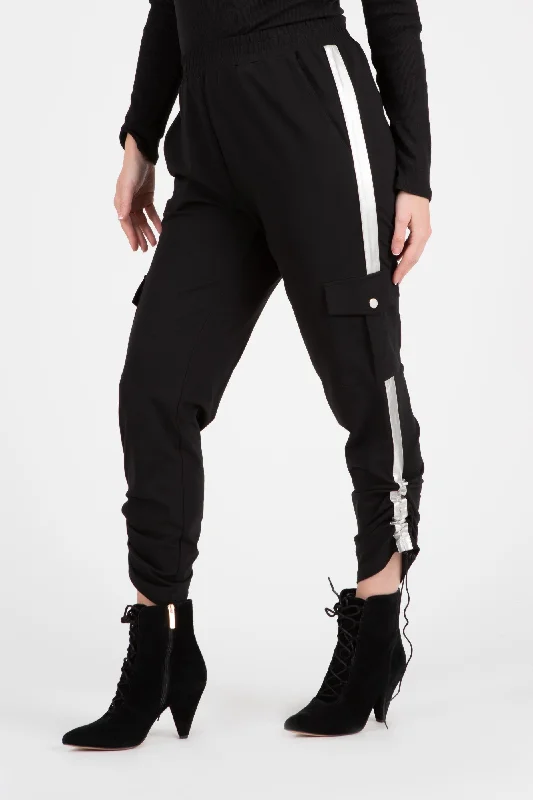 Knit Cargo Pant w Faux Leather Side Strip Black/Silver