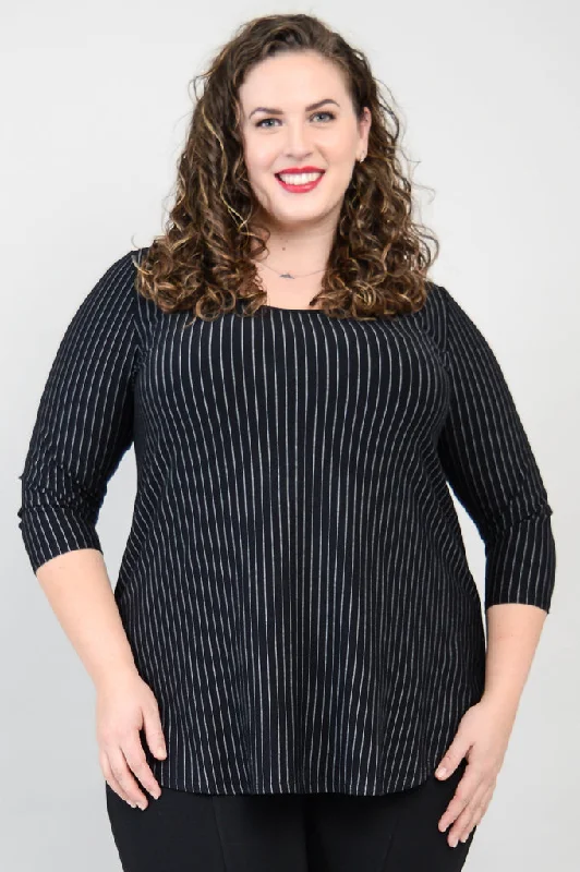 Jazz 3/4 Slv Top, BW Pin Stripe, Bamboo - Final Sale